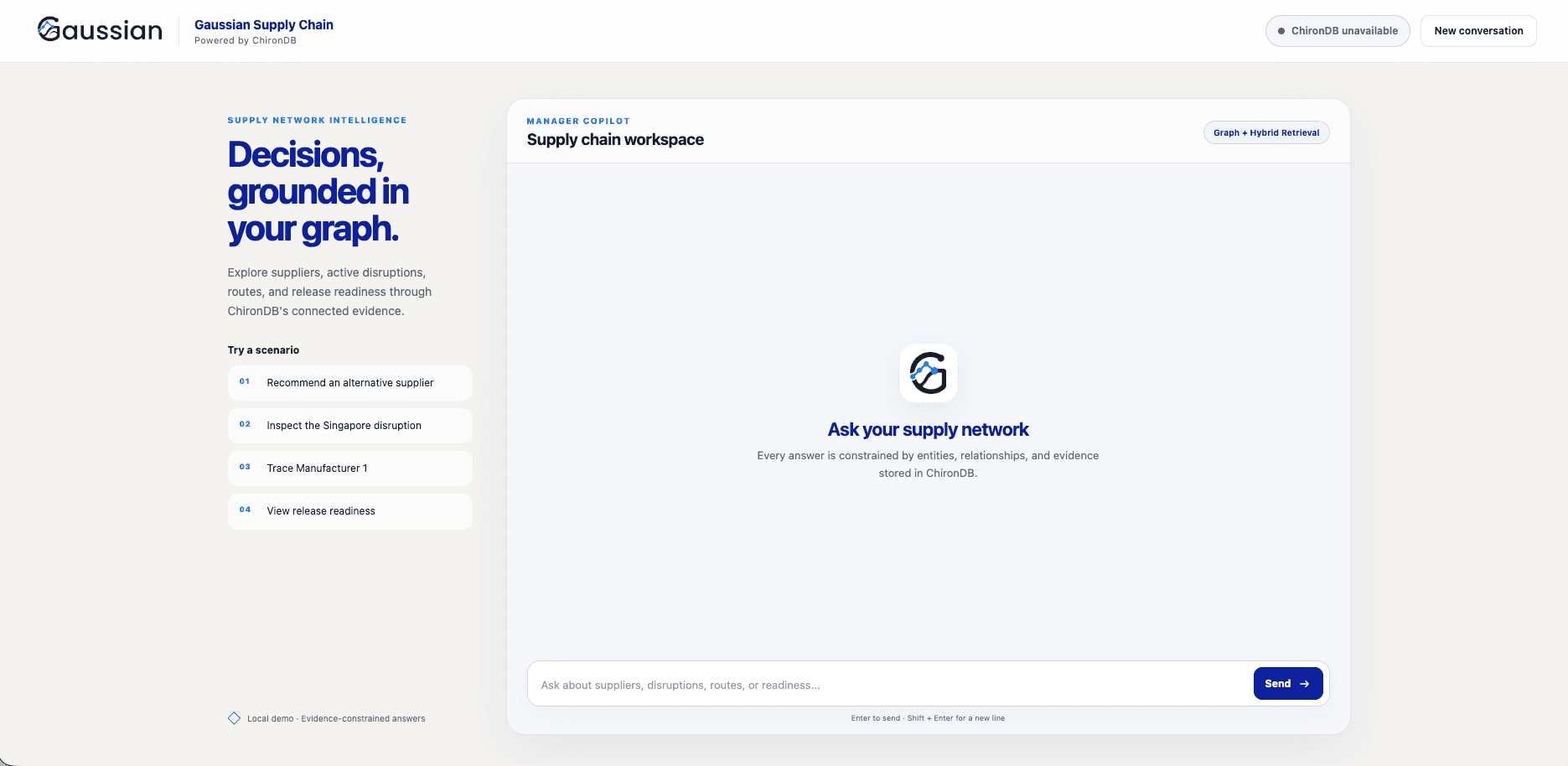 Gaussian Supply Chain POC built with ChironDB, showing supplier, disruption, manufacturer tracing, and release readiness scenarios. The captured connection status reads ChironDB unavailable.