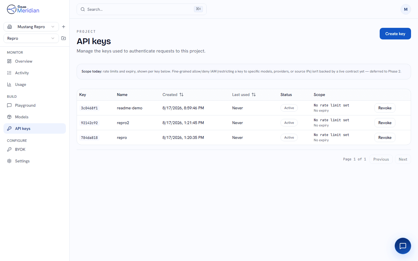 GaussMeridian console — API key management