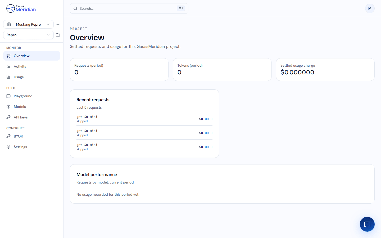 GaussMeridian console — project overview with requests, tokens, and settled usage
