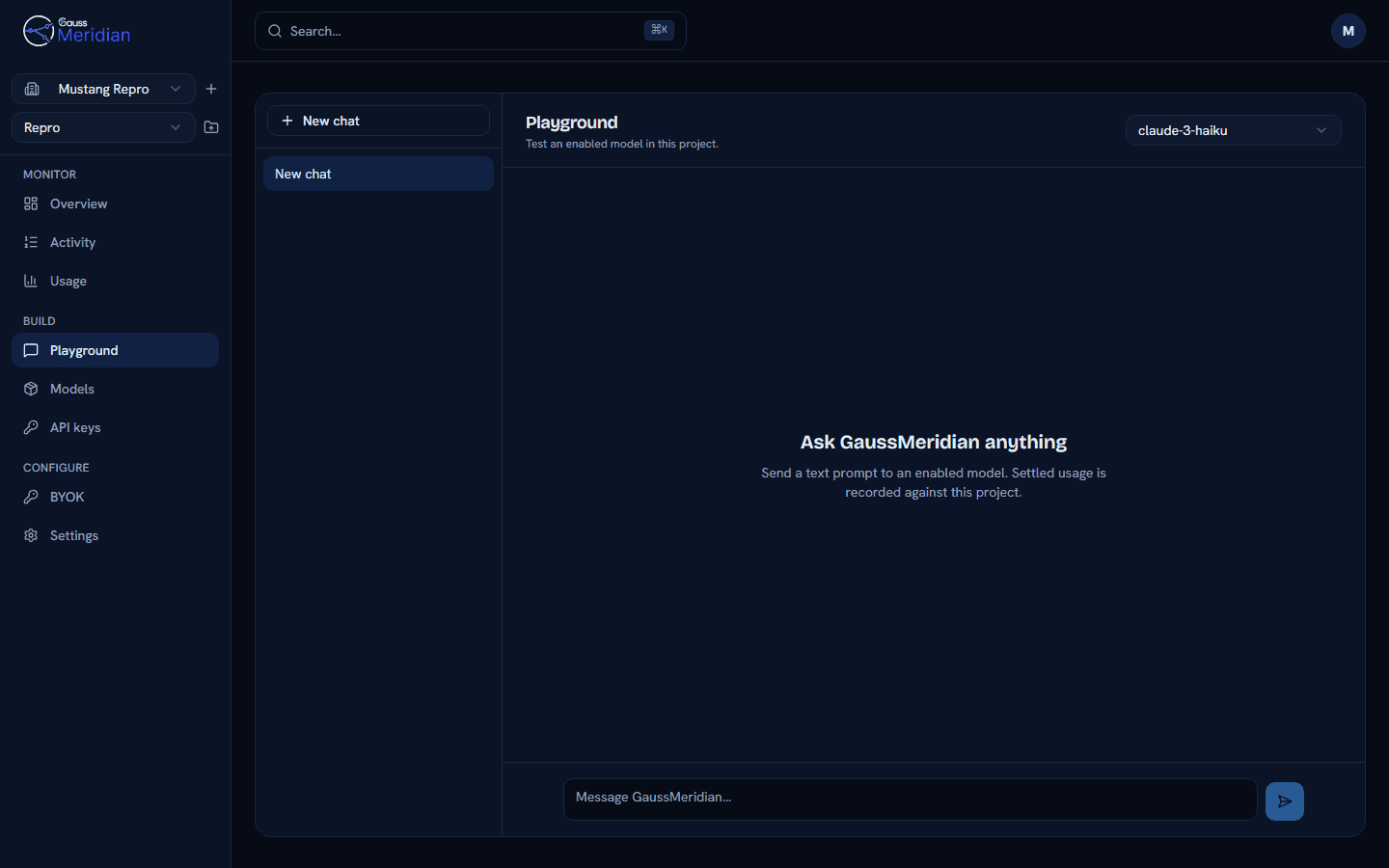 GaussMeridian console — playground for testing a model