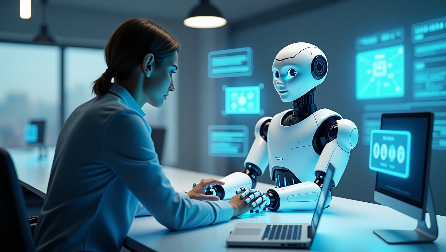A futuristic customer support scene featuring a friendly AI robot assisting a user